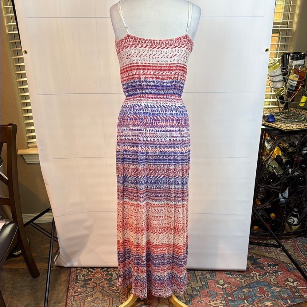 GAP Coral, Cream and Purple Spaghetti Strap Maxi Sundress, Medium